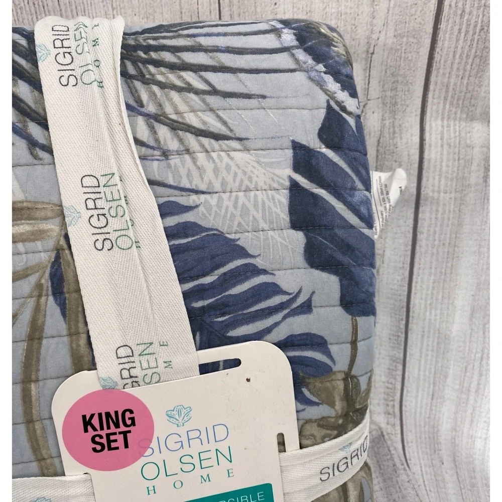 Sigrid Olsen Home Quilt Set King Blue Tropical Leaf Reversible Cotton Botanical - Picture 9 of 11